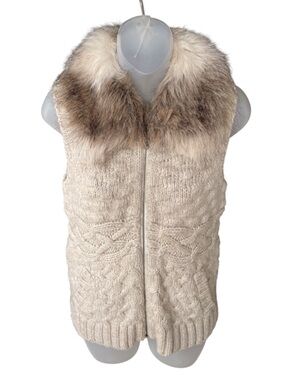 LOFT Faux Fur Collar Cable Knit Sweater Vest Women’s Size S